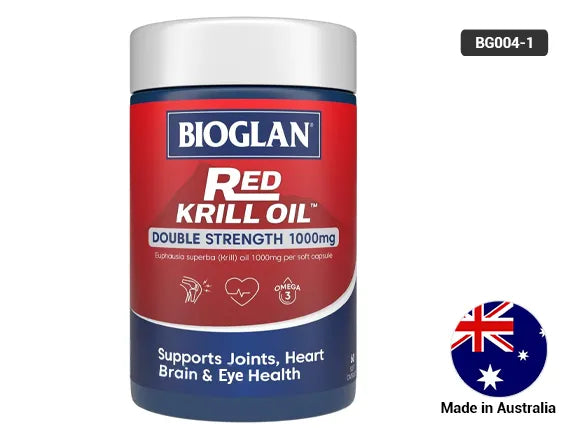 Bioglan Red Krill Oil Double Strength 1000mg 60 Capsules – a strong concentration of omega-3 to boost heart, brain, joints and eye wellbeing with good absorption.